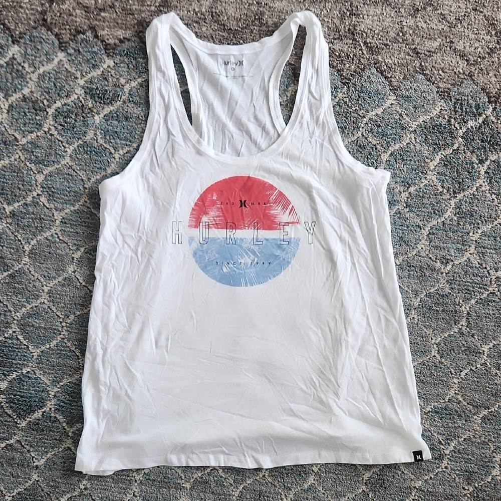 Hurley White Tank with Red and Blue Circle Design